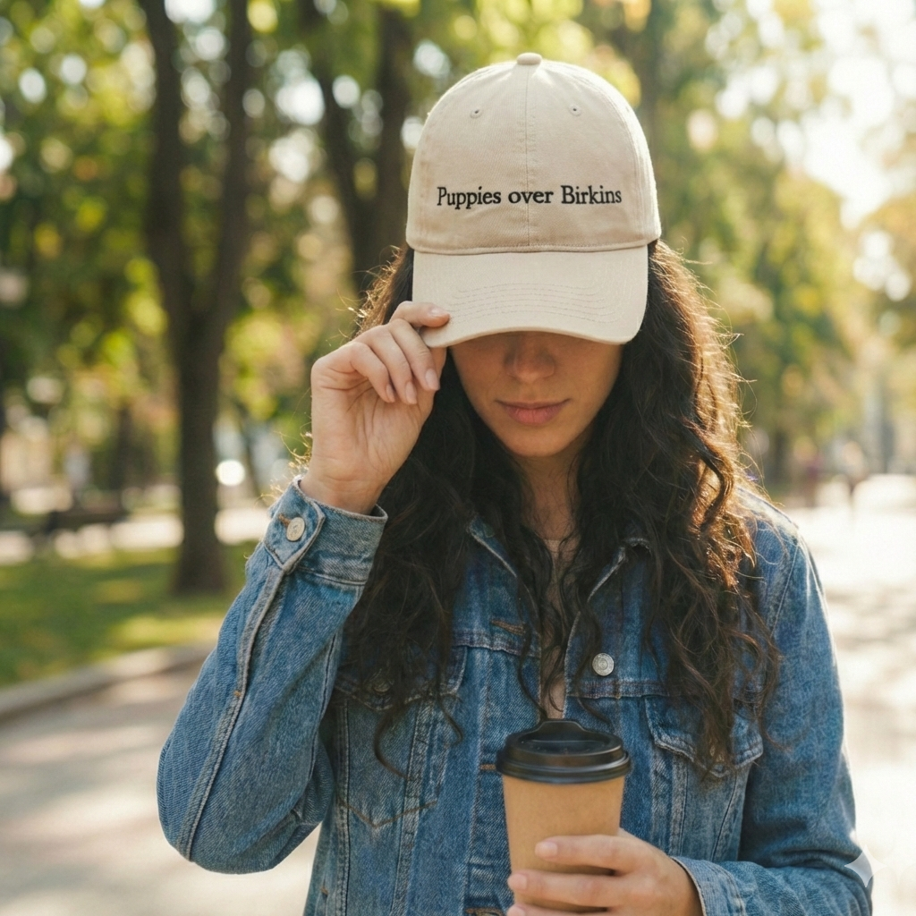 Woman wearing Snarky Barks 'Puppies over Birkins.' cream embroidered dad hat, lifestyle photo