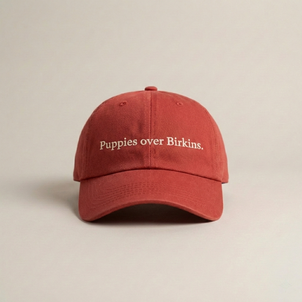 Snarky Barks 'Puppies over Birkins.' burnt red embroidered dad hat, front view