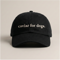 Snarky Barks 'caviar for dogs.' black embroidered dad hat with adjustable snap back, front view