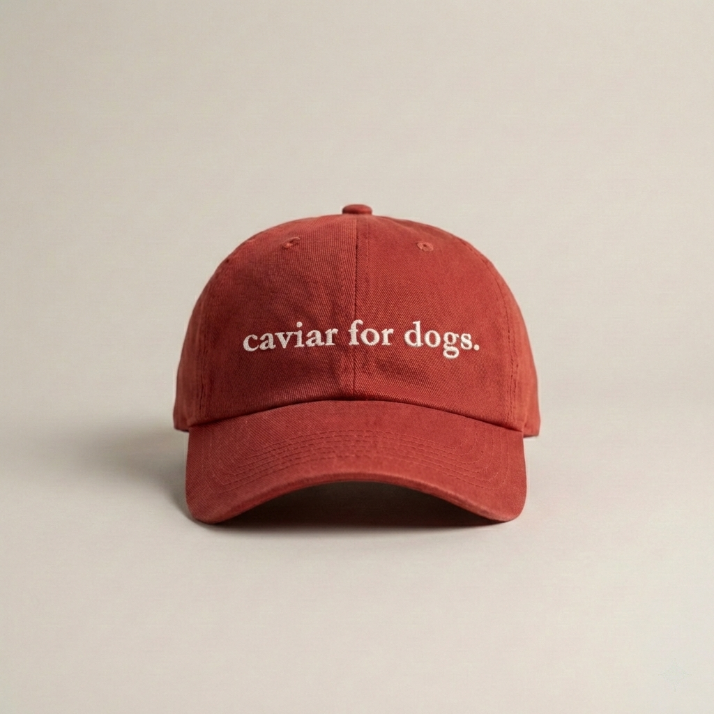 Snarky Barks 'caviar for dogs.' burnt red embroidered dad hat with adjustable snap back, front view