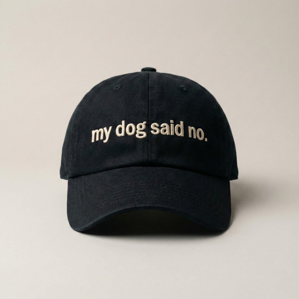 Snarky Barks 'my dog said no.' black embroidered dad hat, front view