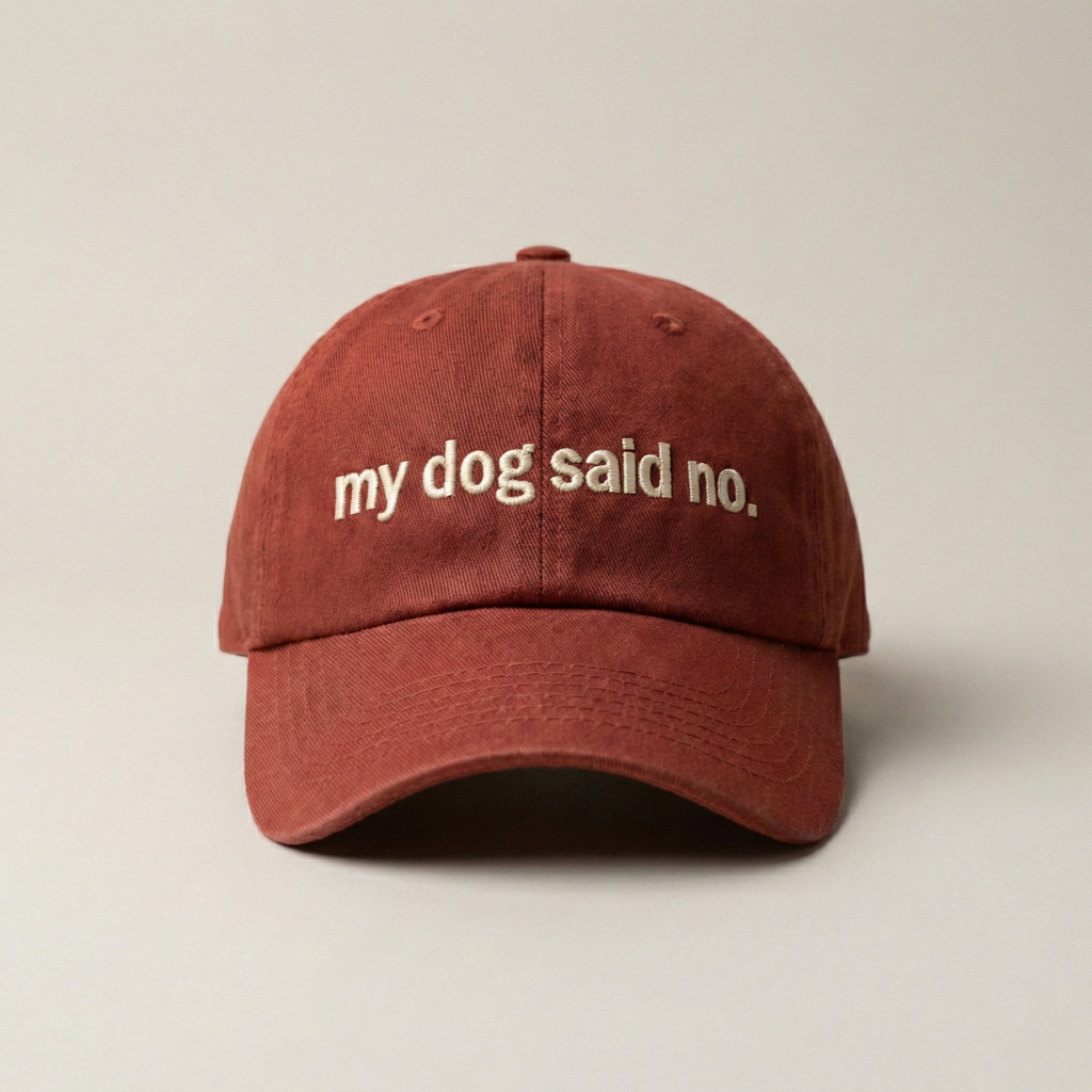 Snarky Barks 'my dog said no.' burnt red embroidered dad hat, front view
