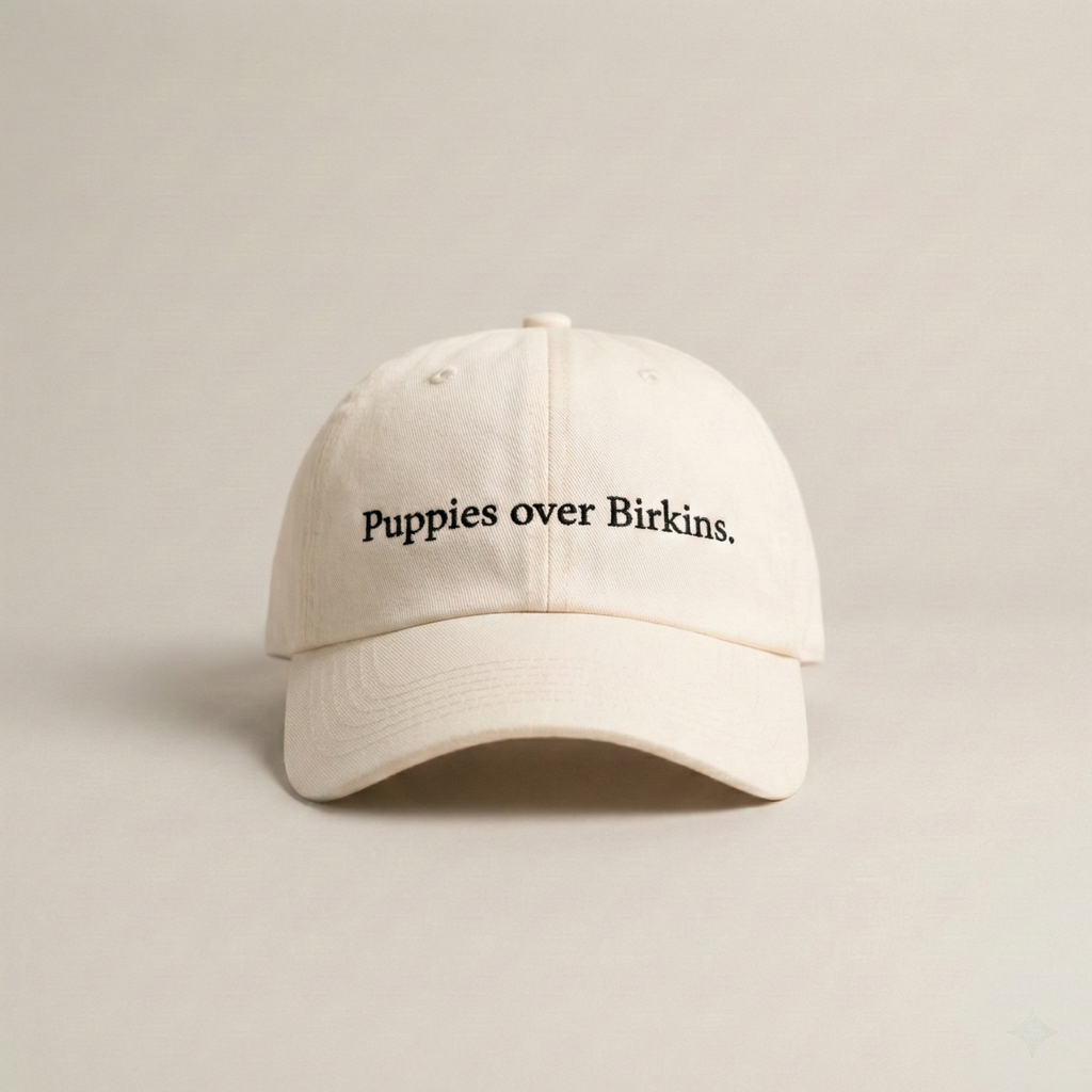 Snarky Barks 'Puppies over Birkins.' cream embroidered dad hat, front view