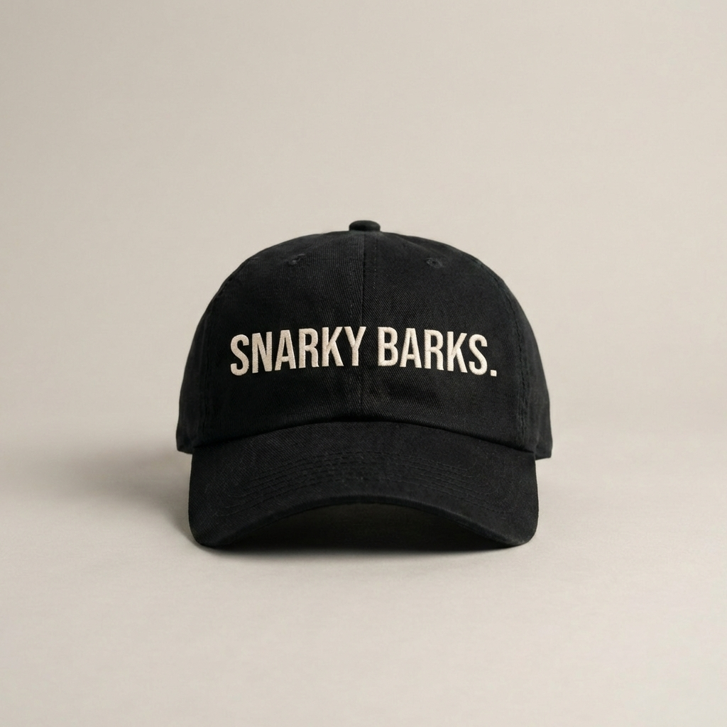 Snarky Barks logo black embroidered dad hat with adjustable snap back, front view