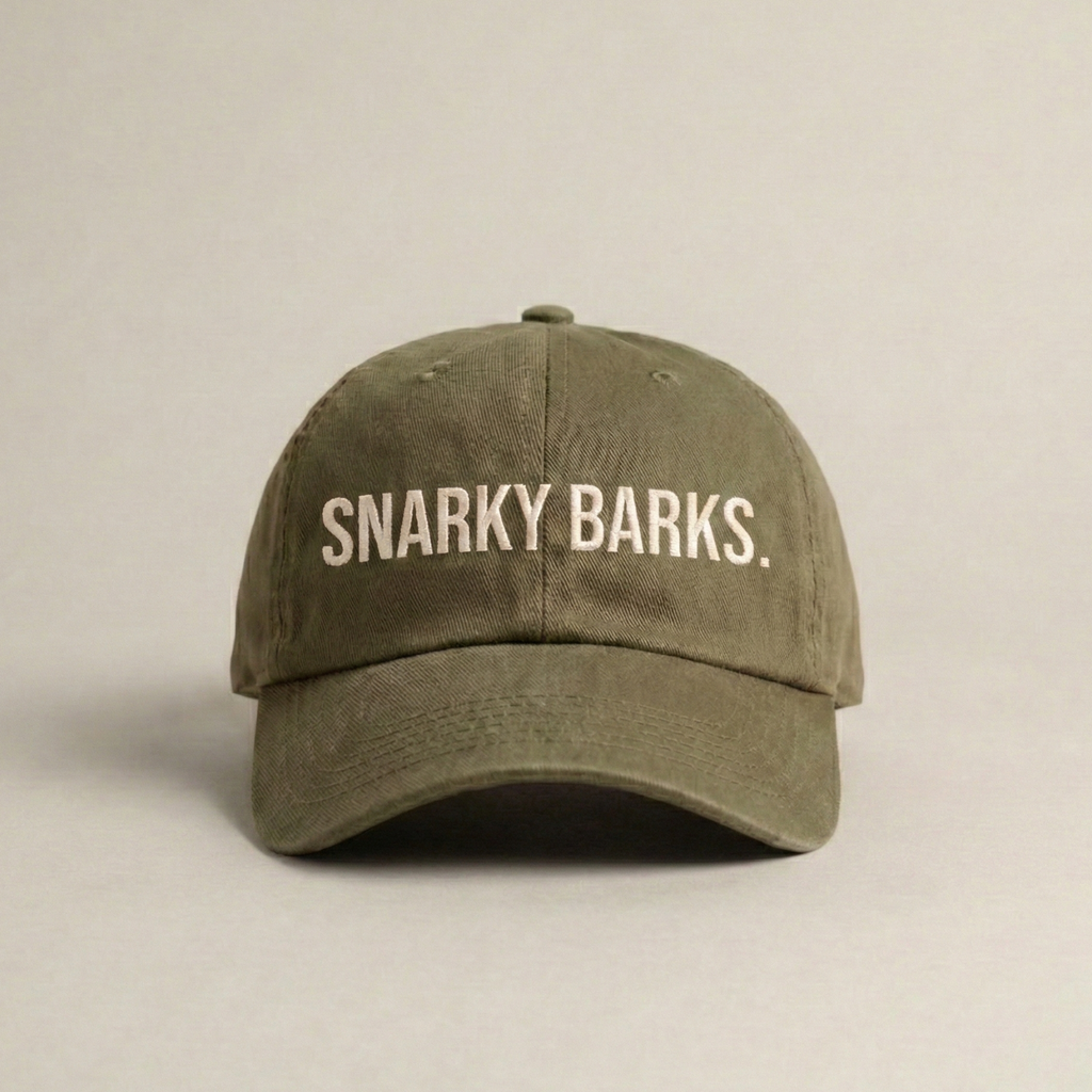 Snarky Barks logo olive green embroidered dad hat with adjustable snap back, front view